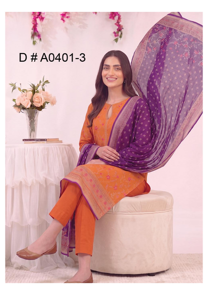 MJ D #A0401-3 – Gold Paste Printed Lawn 3Pcs Collection