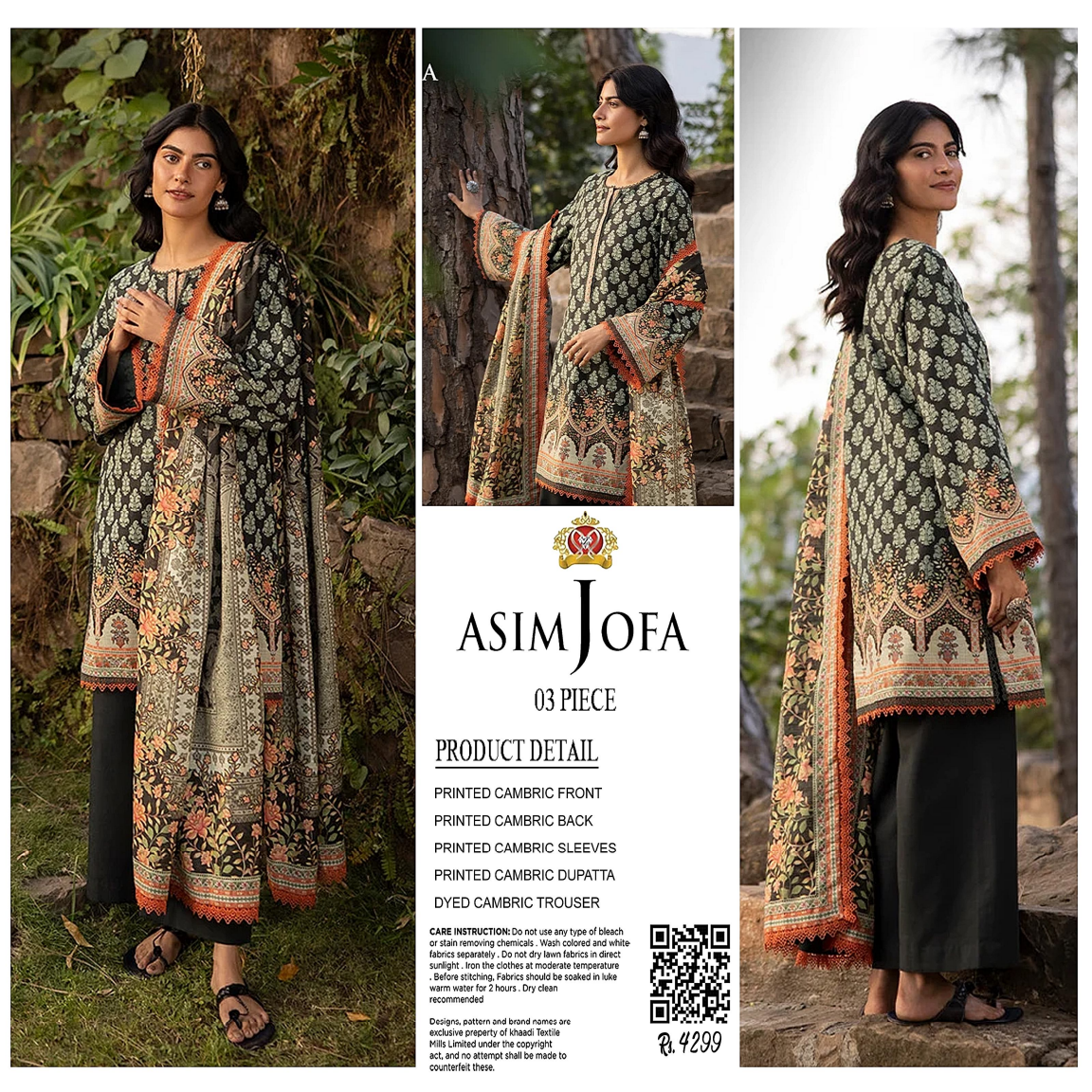 AsimJofa Black-Orange Printed 3Pcs
