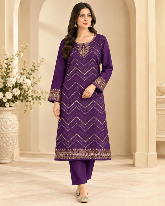 Saqafat–2Pcs Purple Emb Lawn