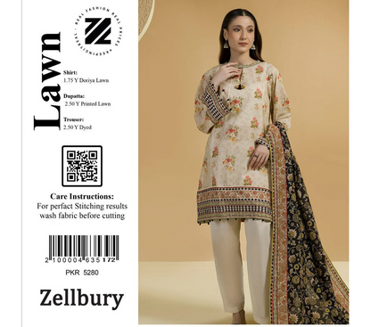 Zellbury Doriya Lawn 3 Pcs Unstitched Collection D.C:- WUS25X25713