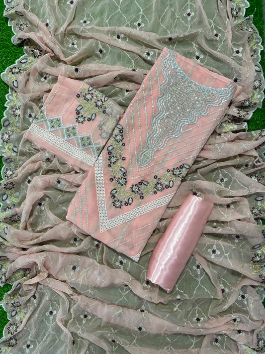 Luxury Baby Pink Chiffon Embroidered 3PCS