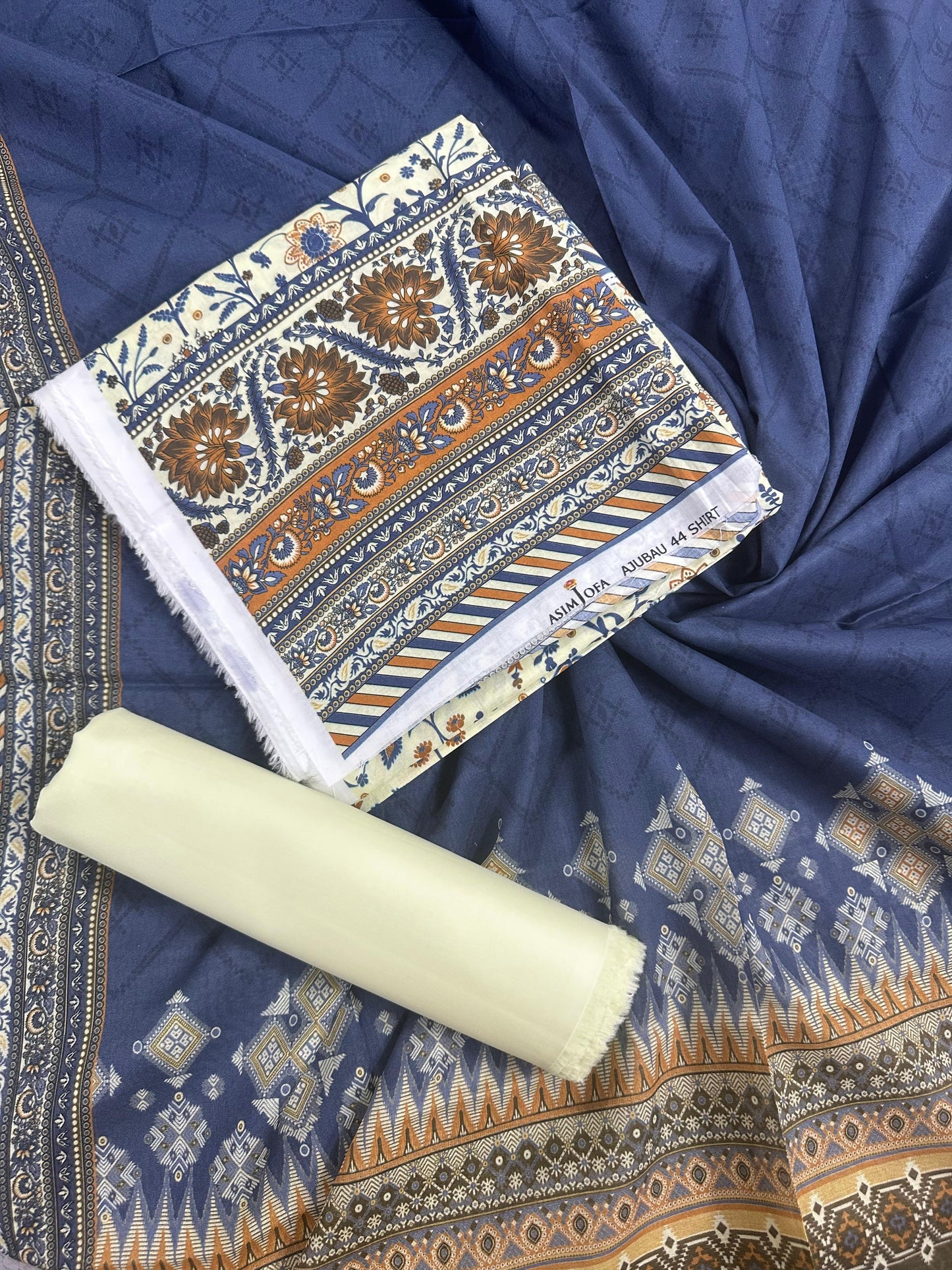AsimJofa Beige-Blue Printed 3Pcs
