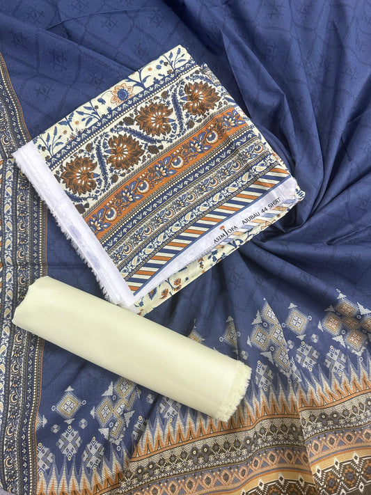 AsimJofa Beige-Blue Printed 3Pcs