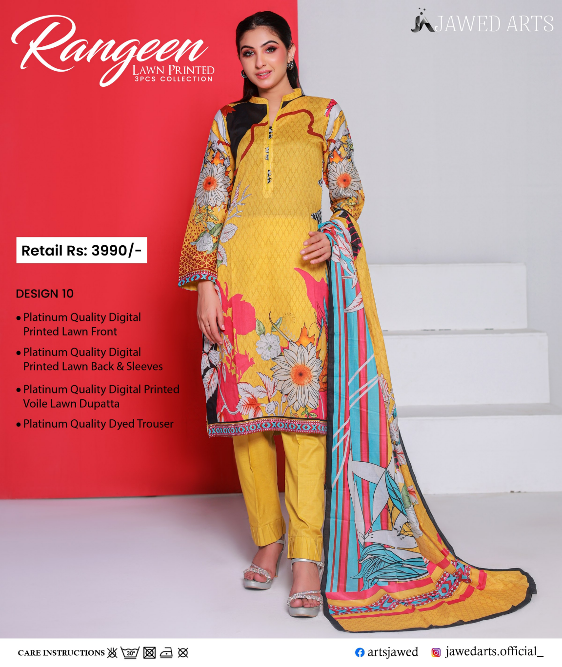 JAWED ARTS – RANGEEN–  3PC UNSTITCHED SUIT Design: 10