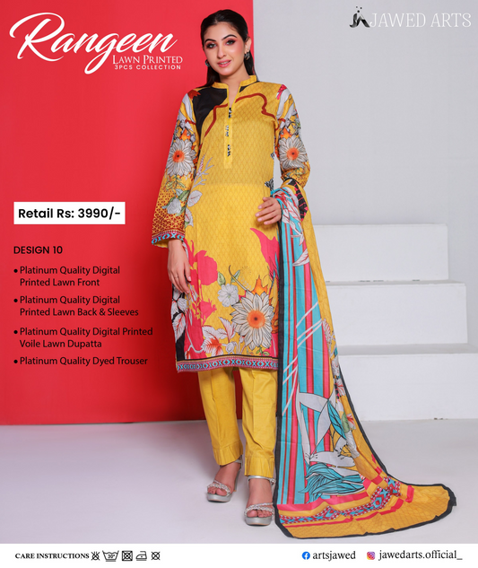 JAWED ARTS – RANGEEN–  3PC UNSTITCHED SUIT Design: 10