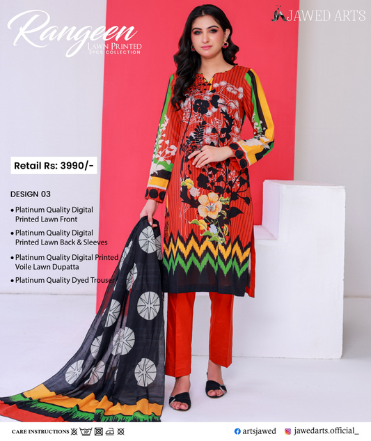 JAWED ARTS – RANGEEN–  3PC UNSTITCHED SUIT Design: 3