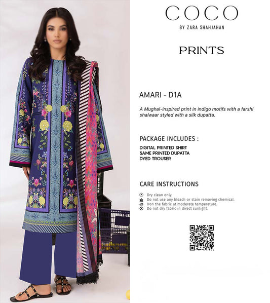 COCO Navy 3 Piece Printed Lawn