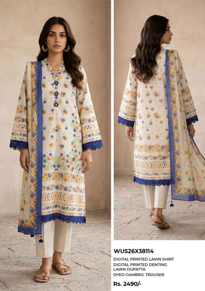 ZELLBURY Unstitched 3pcs Lawn Collection D.C:- WUS26X38114