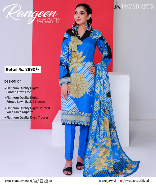 JAWED ARTS – RANGEEN–  3PC UNSTITCHED SUIT Design: 4
