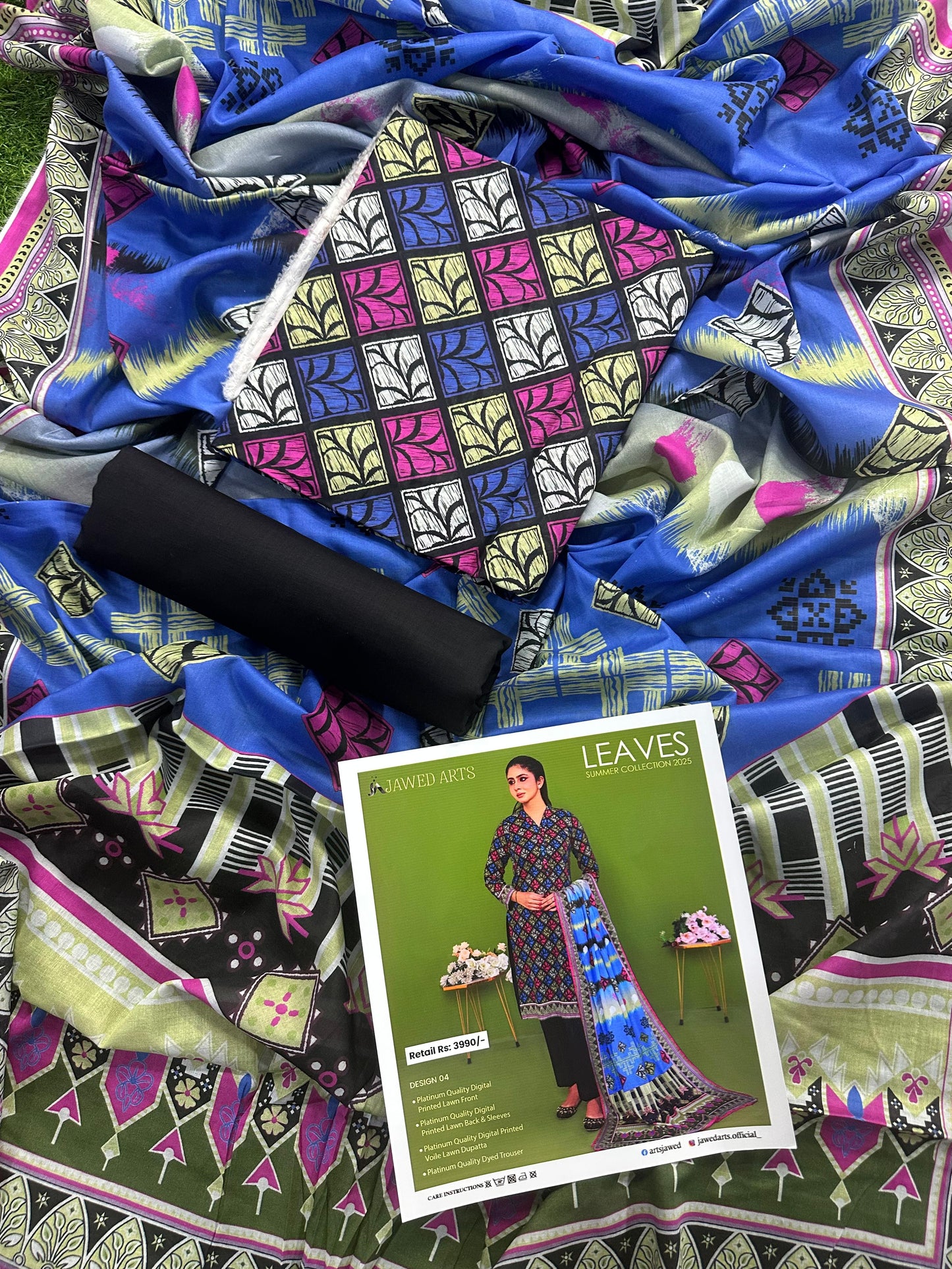JAWED ARTS LEAVES –  3PC UNSTITCHED SUIT Design: 4