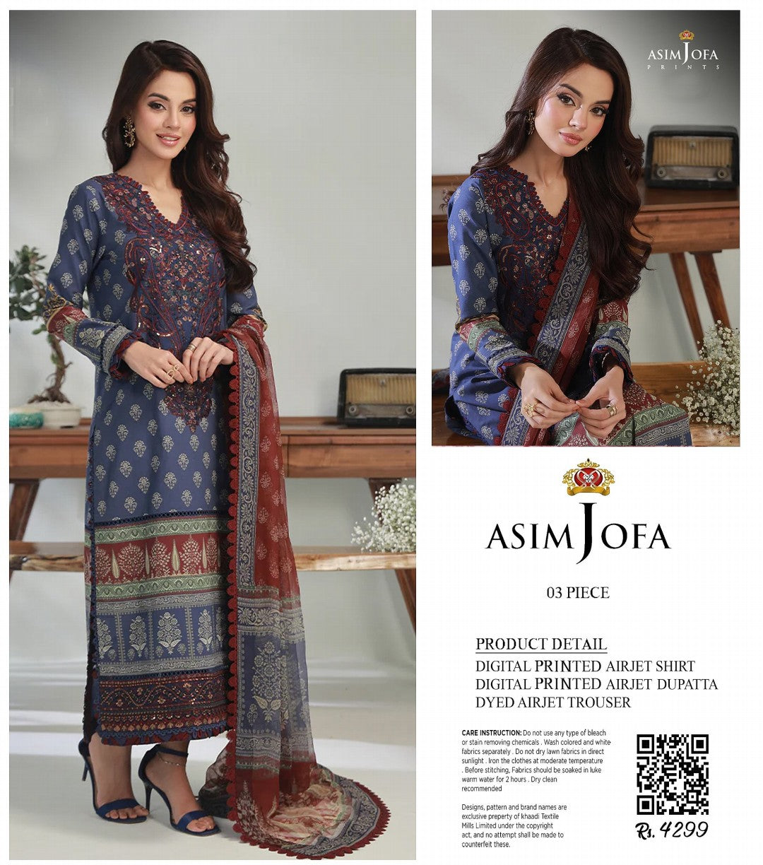Asim Jofa Unstitched Lawn Printed 3PC In Wholesale Price