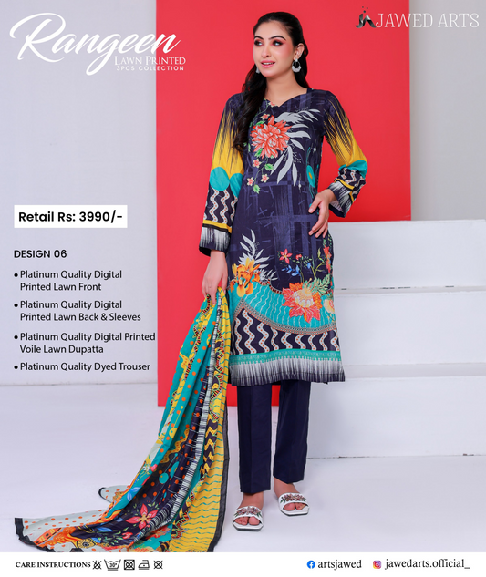 JAWED ARTS – RANGEEN–  3PC UNSTITCHED SUIT Design: 6