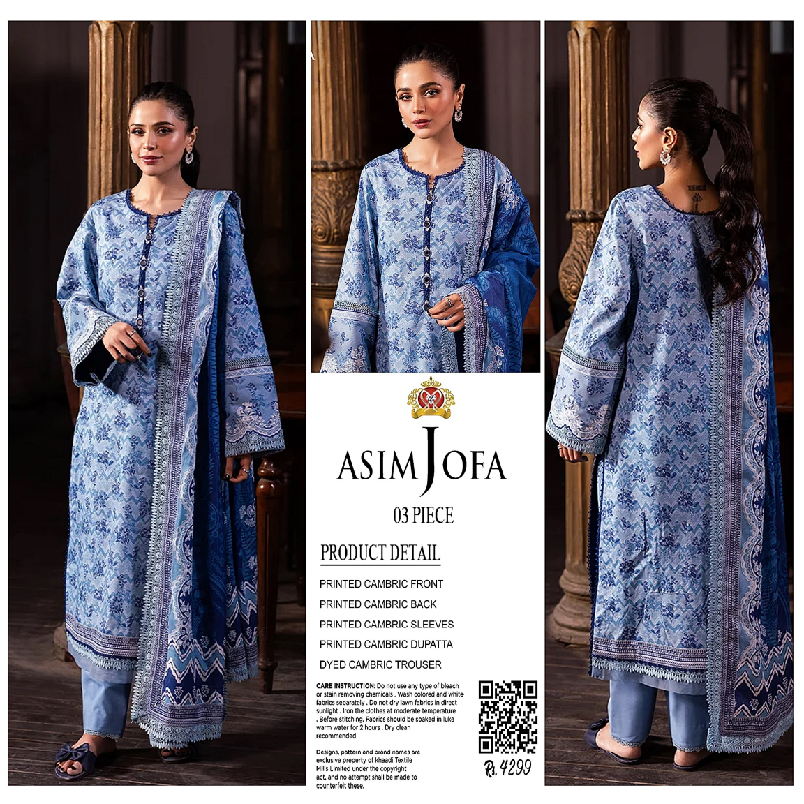 AsimJofa Sky Blue Printed 3Pcs