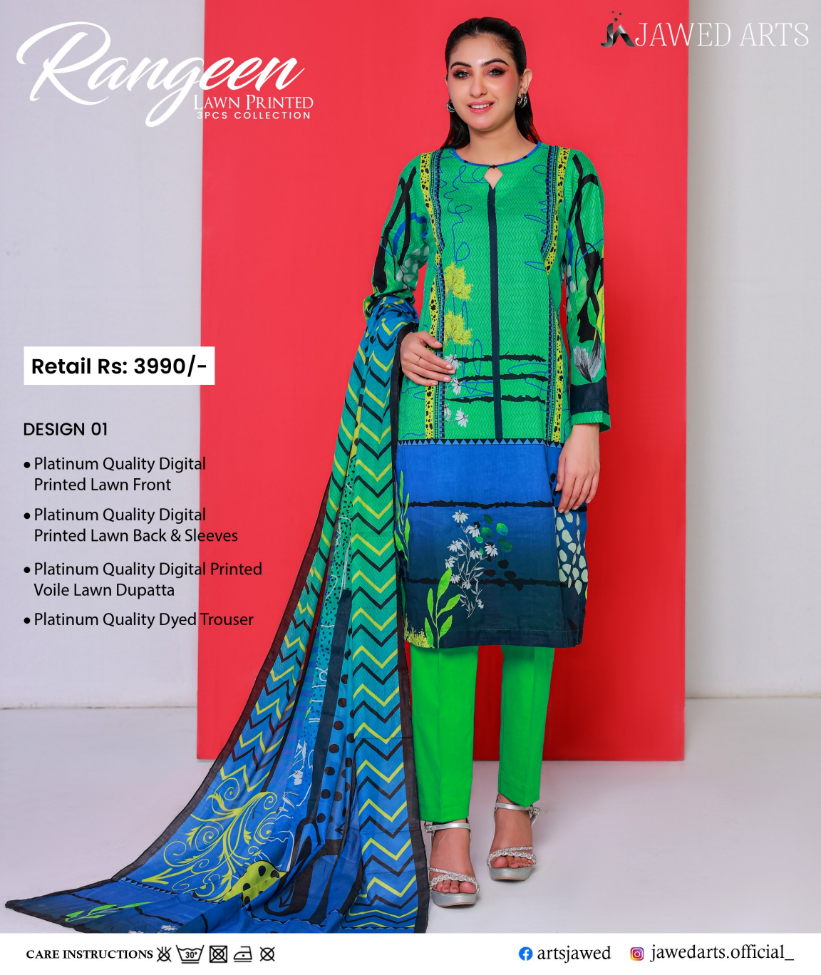 JAWED ARTS – RANGEEN–  3PC UNSTITCHED SUIT Design: 1
