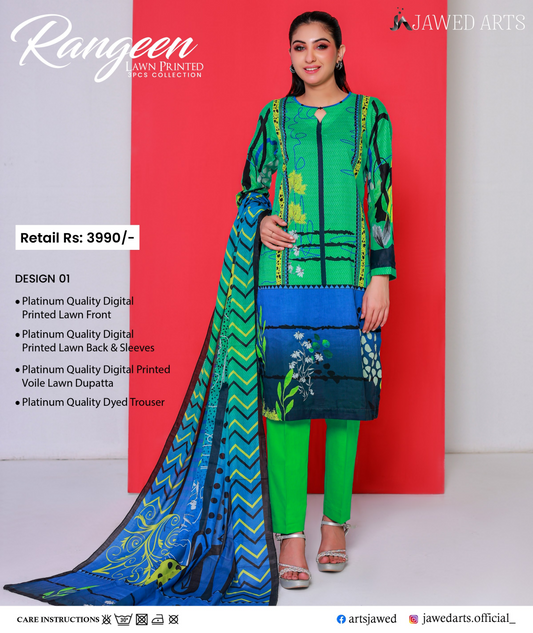 JAWED ARTS – RANGEEN–  3PC UNSTITCHED SUIT Design: 1