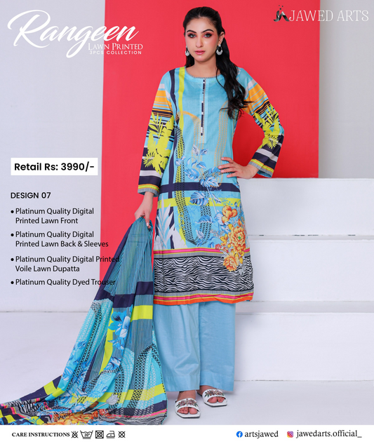 JAWED ARTS – RANGEEN–  3PC UNSTITCHED SUIT Design: 7