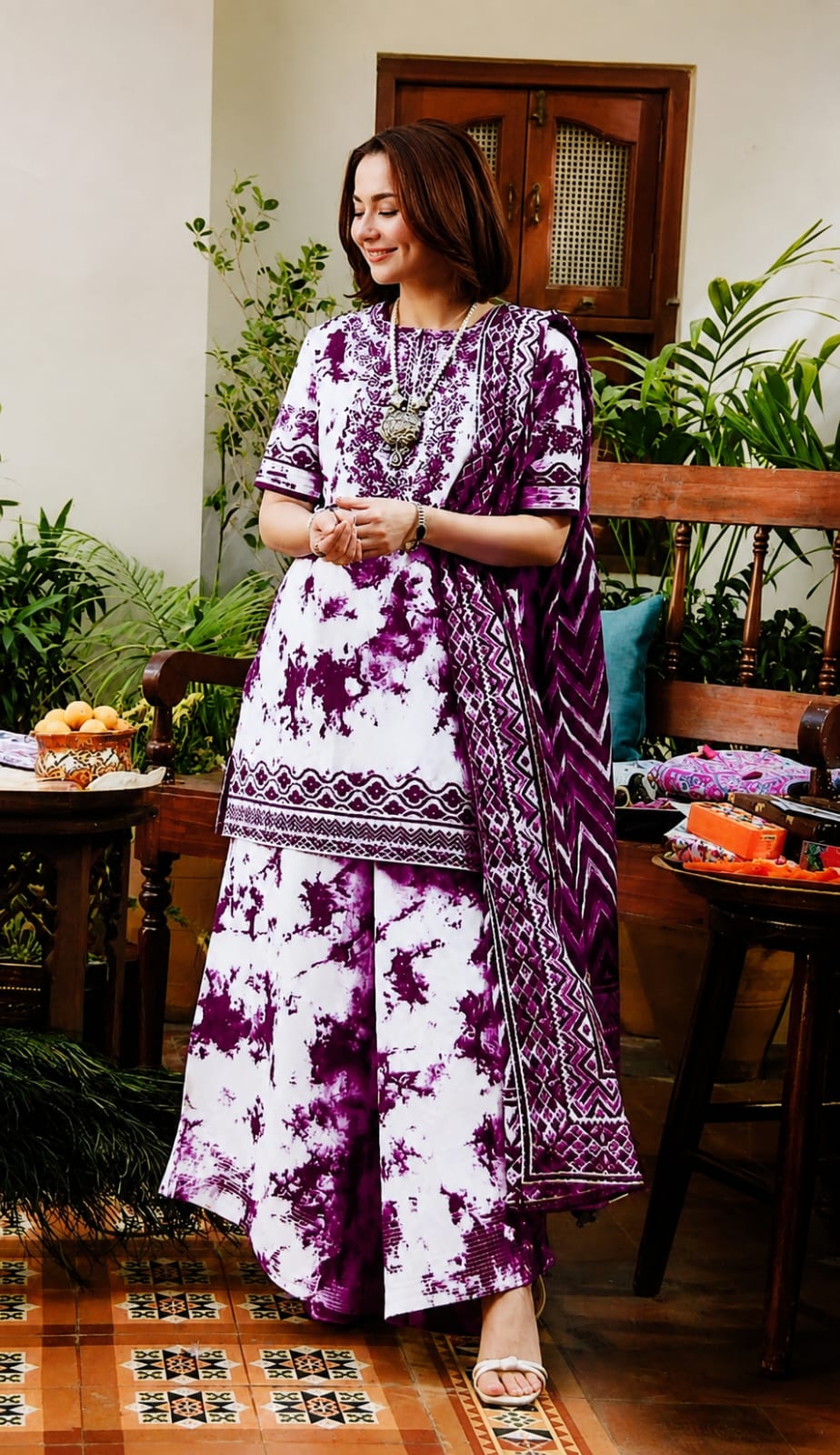 Sapphire 3PC White-Purple  Emb Lawn Suit