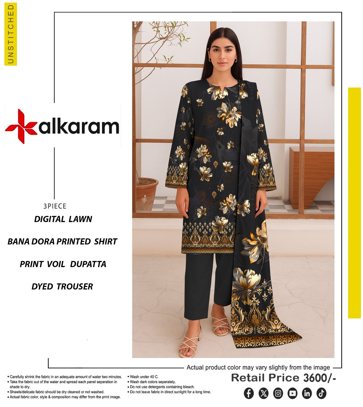 🔥 ALKARAM Tanadora – Premium Luxury Collection 🔥  Charcoal Black (Yellow Floral Print)