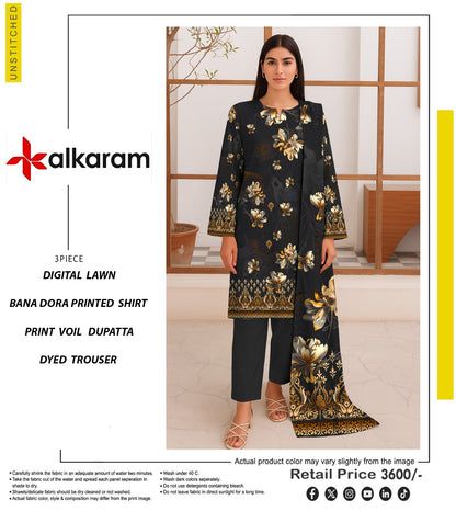 🔥 ALKARAM Tanadora – Premium Luxury Collection 🔥  Charcoal Black (Yellow Floral Print)