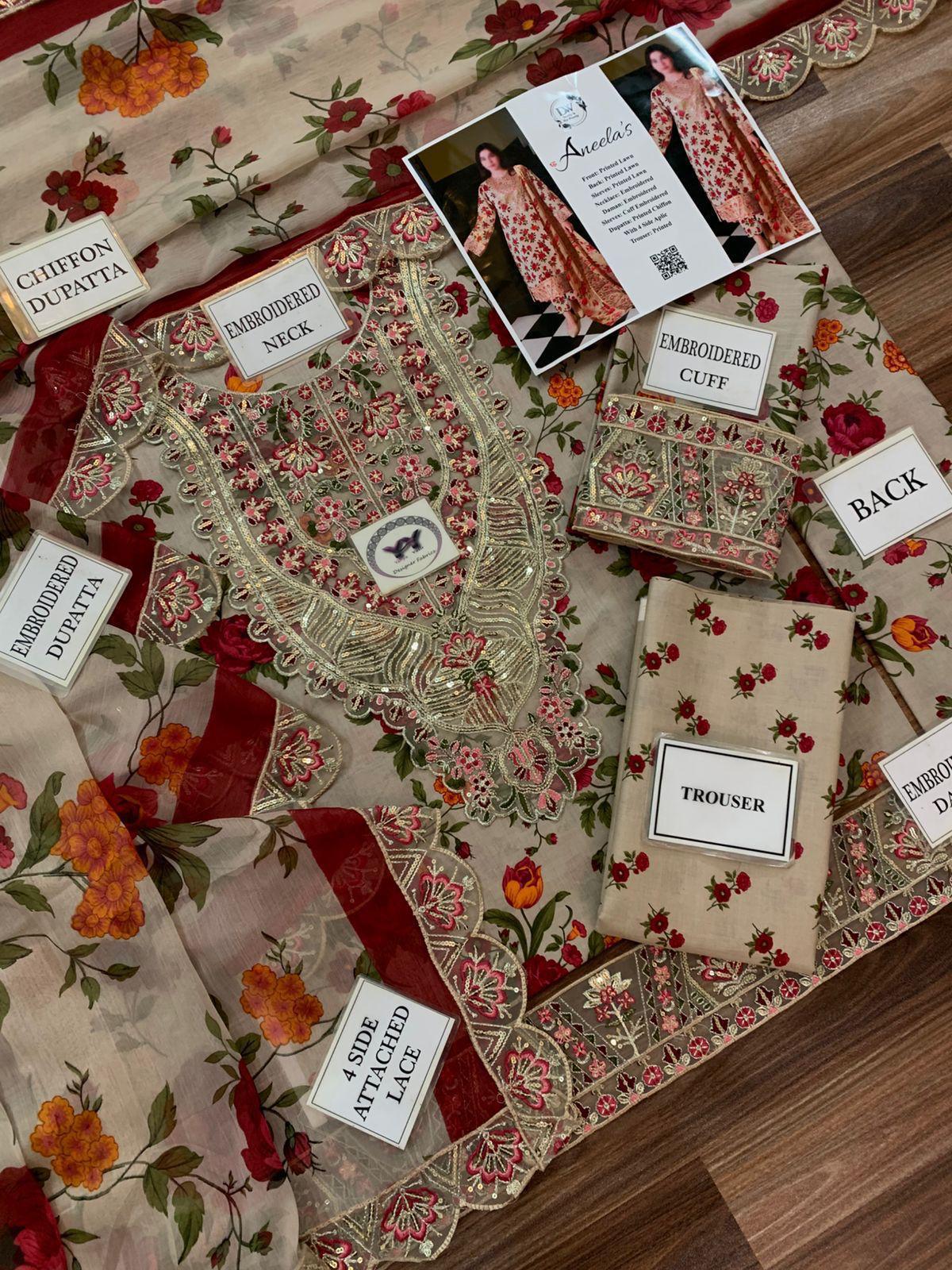 Aneela's Elegant 3PC Unstitched Lawn Suit Collection