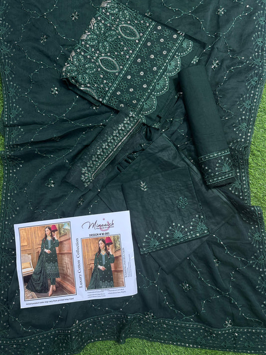 Minaaish DN # M-081 3Pcs Unstitched Embroidery Cotton Collection