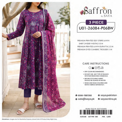 Saya 3 Piece Premium Lawn Collection D.C:U01-26084-P06BW