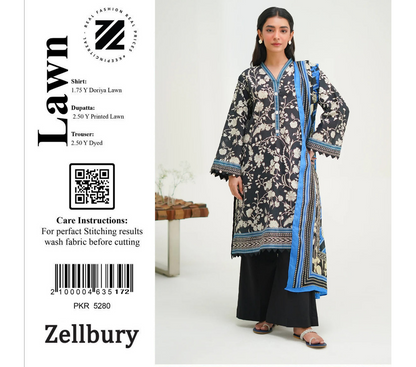 Zellbury Doriya Lawn 3 Pcs Unstitched Collection D.C:- WUS24X21709