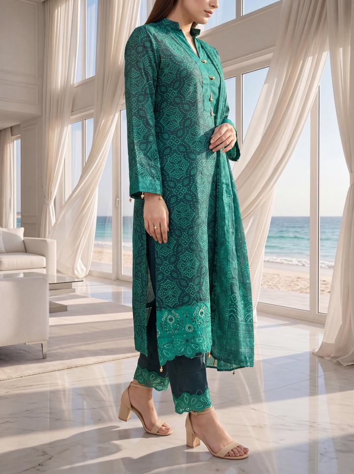 Fleur By Almeerah - Teal Mirage – Digital Chundri Lawn