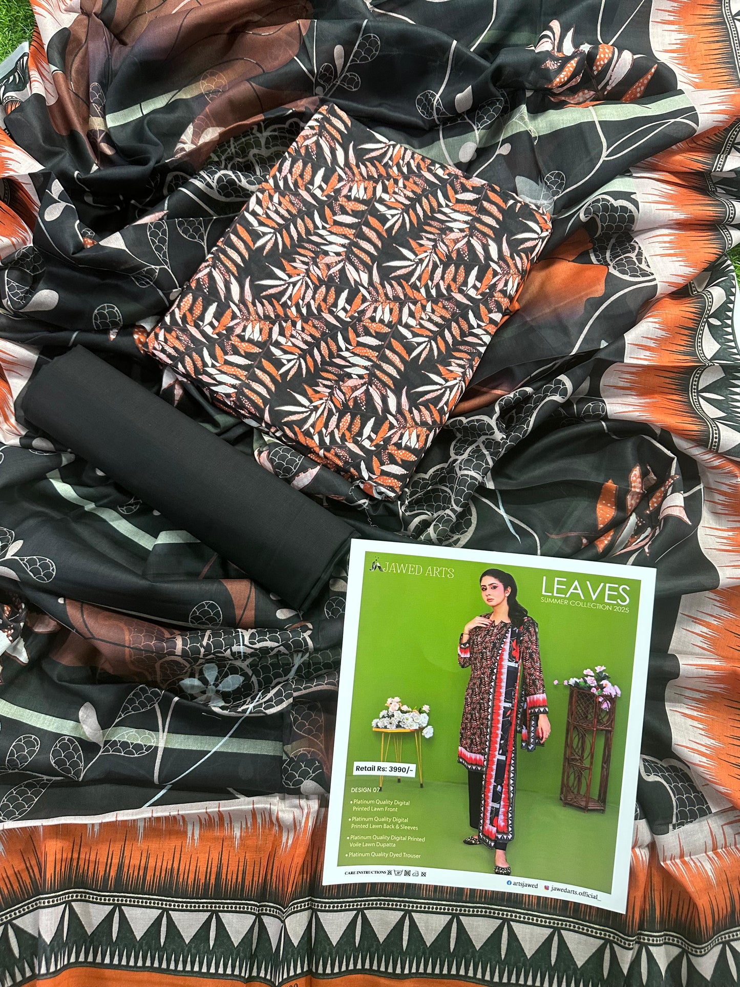 JAWED ARTS LEAVES –  3PC UNSTITCHED SUIT Design: 7