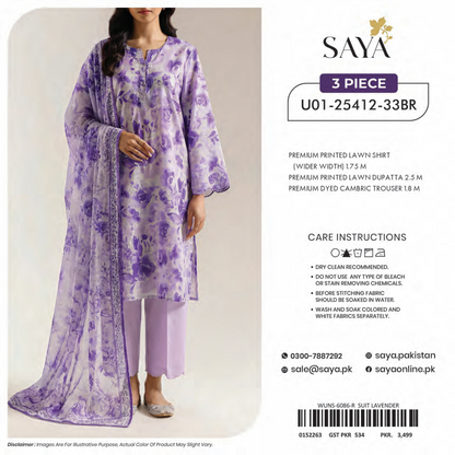 Saya Lavender 3PCs Printed Lawn Unstitched Collection