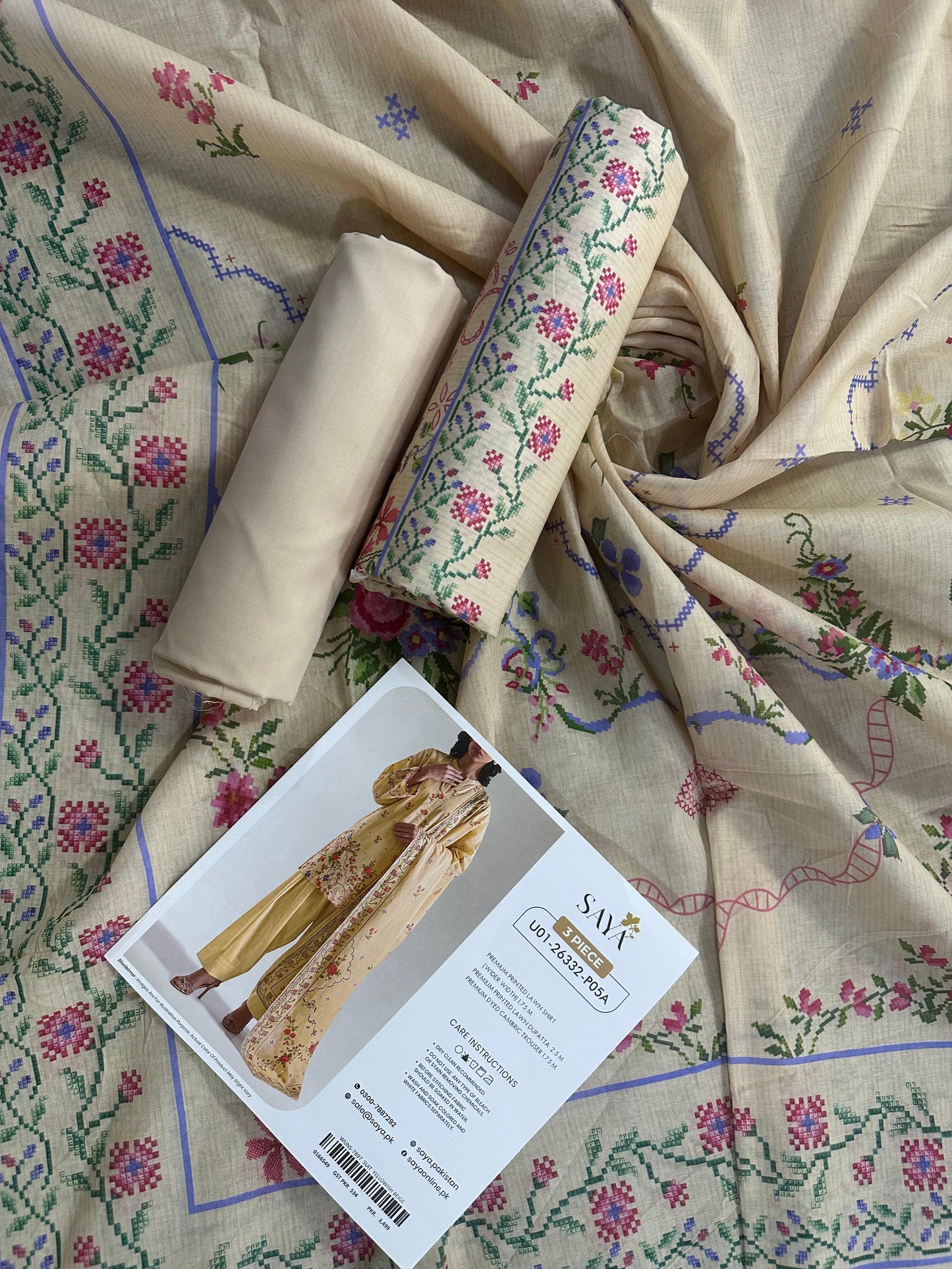 Saya D.C:- U01-26332-P05A - 3 Pcs Printed Lawn