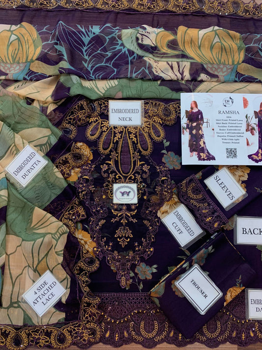 RAMSHA Elegant 3PC Unstitched Lawn Suit Collection