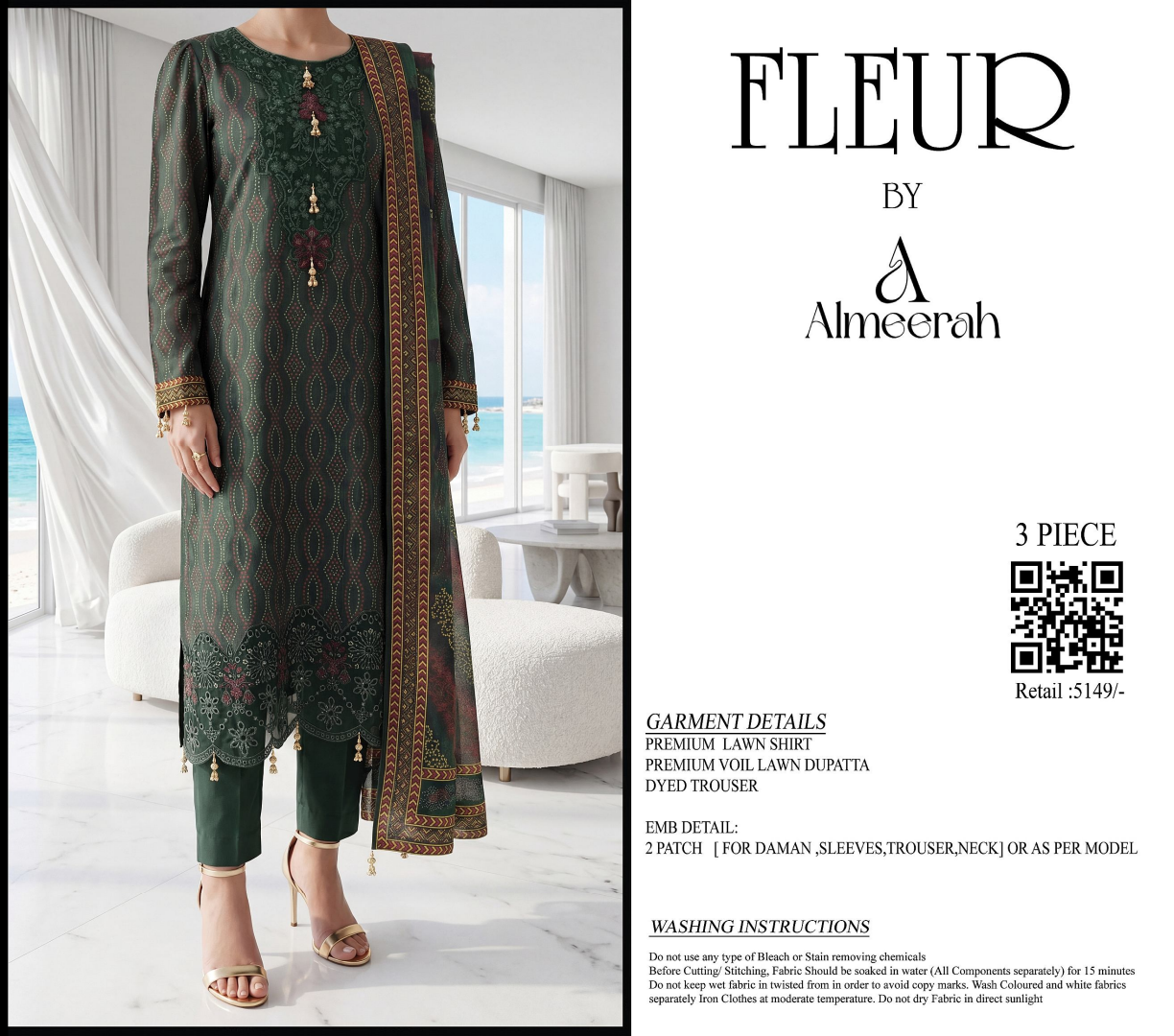 Fleur By Almeerah – Emerald Depth - Digital Chundri Lawn