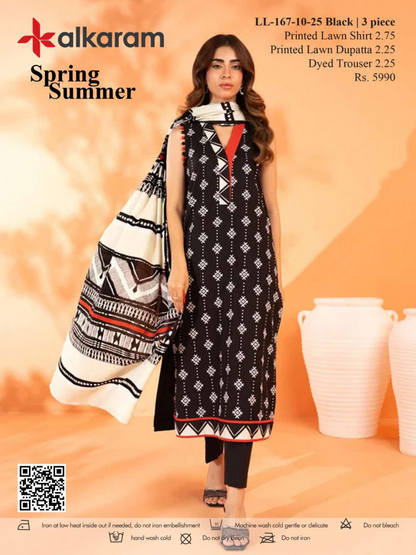 Alkaram 3 PCs Black Printed Lawn Unstitched Collection