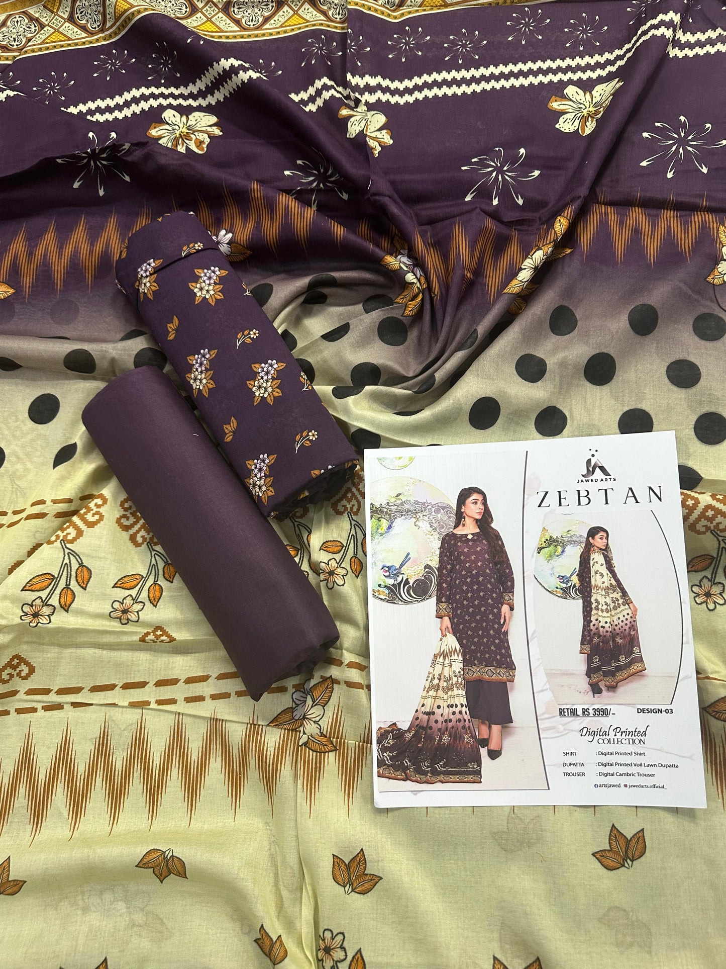 JAWED ARTS ZEBTAN –  3PC UNSTITCHED SUIT Design: 4