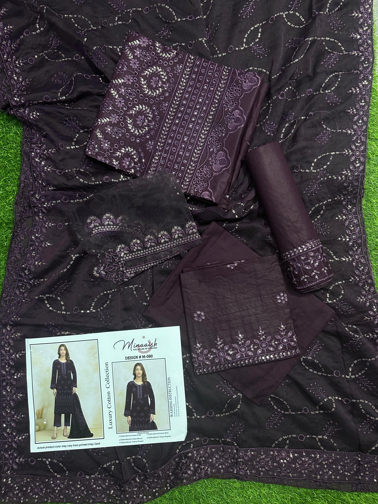 Minaaish DN # M-080 3Pcs Unstitched Embroidery Cotton Collection