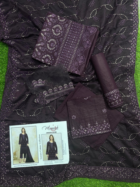 Minaaish DN # M-080 3Pcs Unstitched Embroidery Cotton Collection