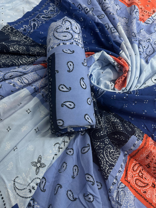 Digital Printed Blue Orange Linen Allover 2Pcs