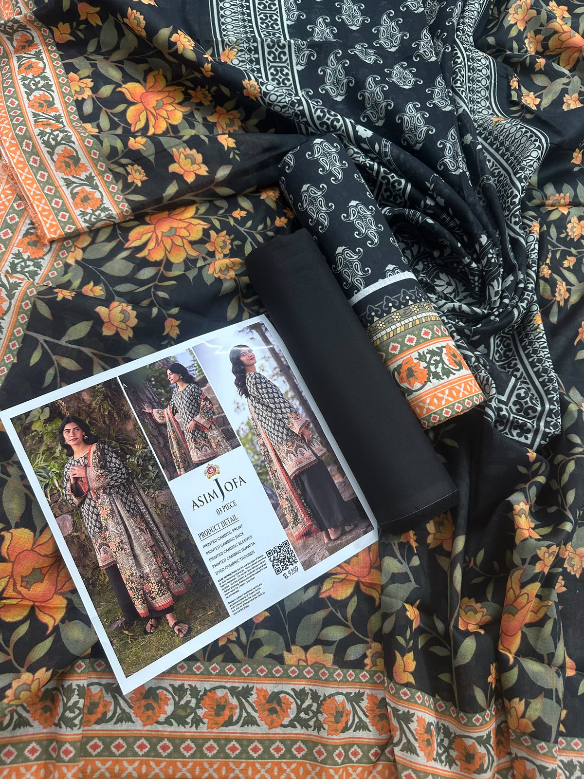 AsimJofa Black-Orange Printed 3Pcs