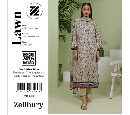 Zellbury Doriya Lawn 3 Pcs Unstitched Collection D.C:- WUS24X21389