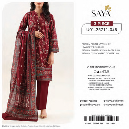 Saya 3 Piece Premium Lawn Collection D.C:U01-25711-04B