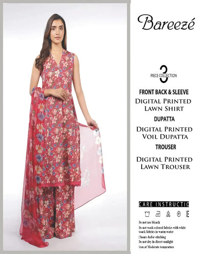 Bareeze Unstitched Lawn 90/70 Quality 3 Pieces