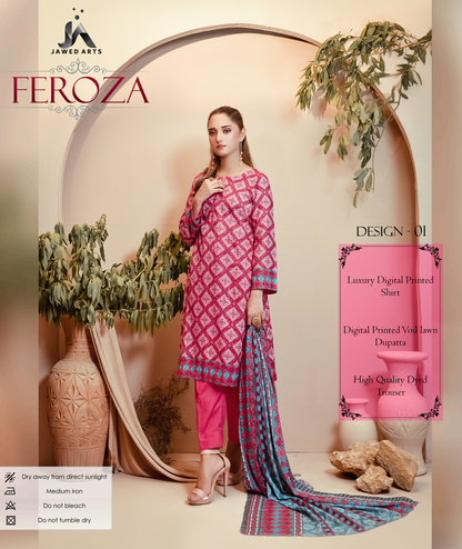 JAWED ARTS FEROZA –  3PC UNSTITCHED SUIT Design: 1