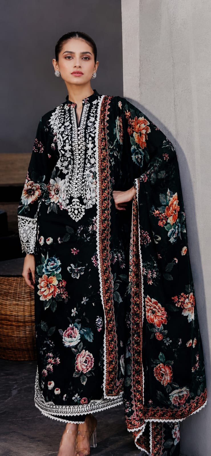 Zainab Chottani 3PC Black Floral Emb Lawn Suit