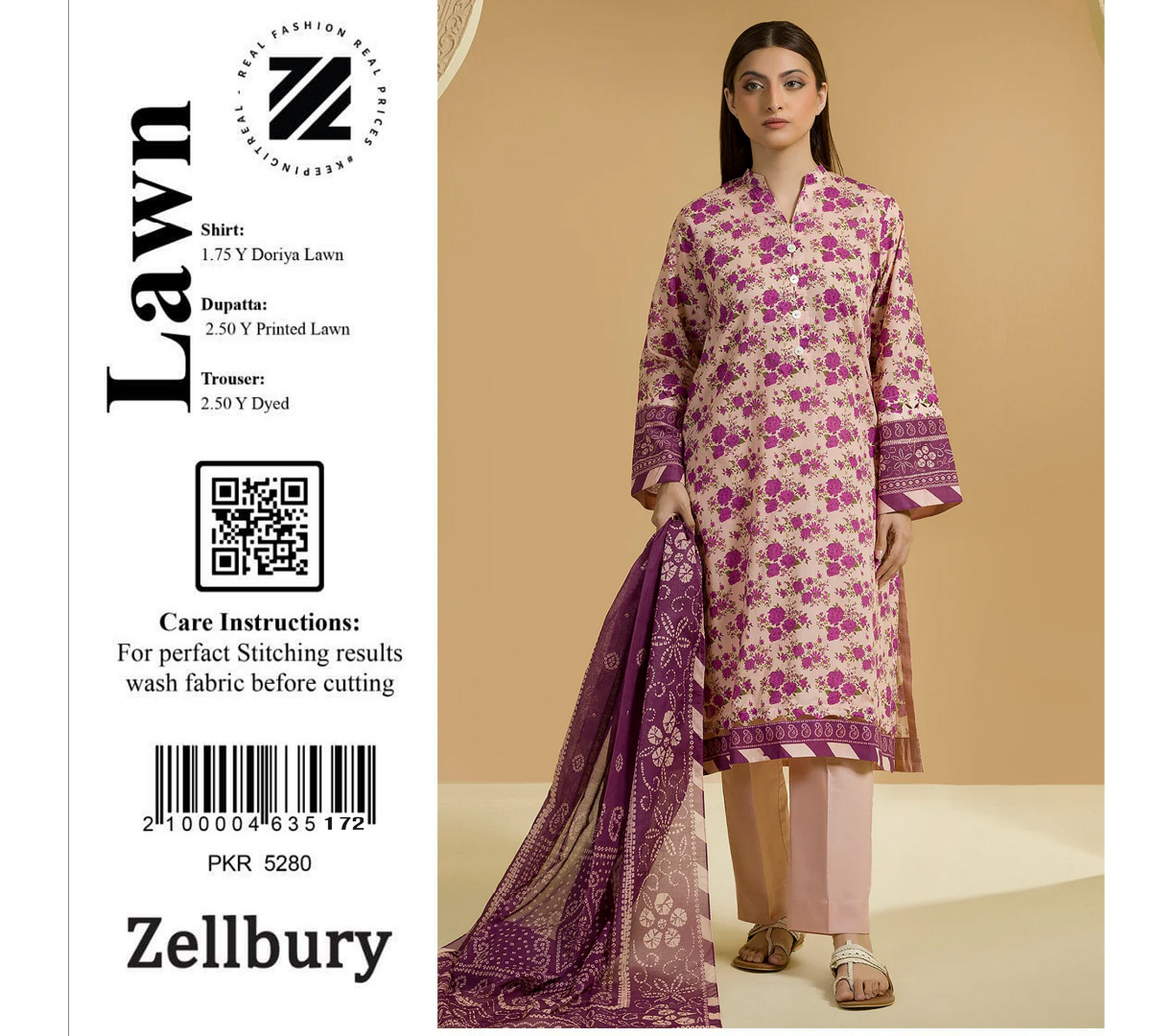 Zellbury Doriya Lawn 3 Pcs Unstitched Collection D.C:- WUS25X25701