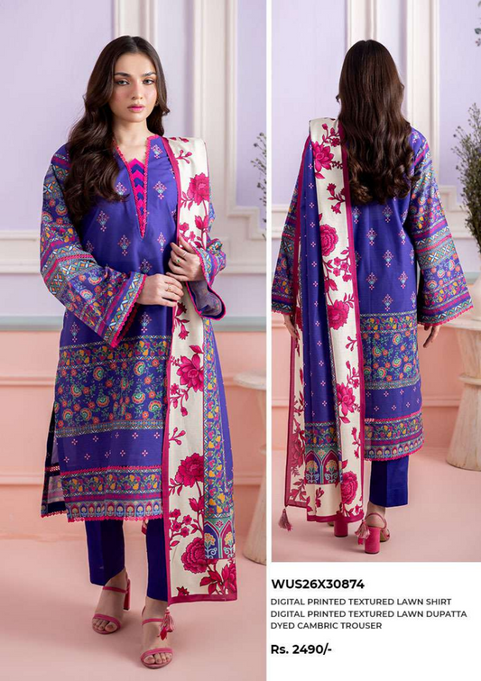 ZELLBURY Unstitched 3pcs Lawn Collection D.C:- WUS26X30874