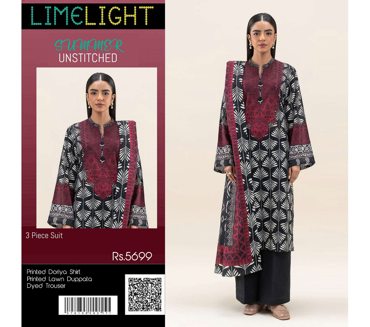 Limelight – Burgundy & Black - Doriya Unstitched 3 PCs Unstitched Suit
