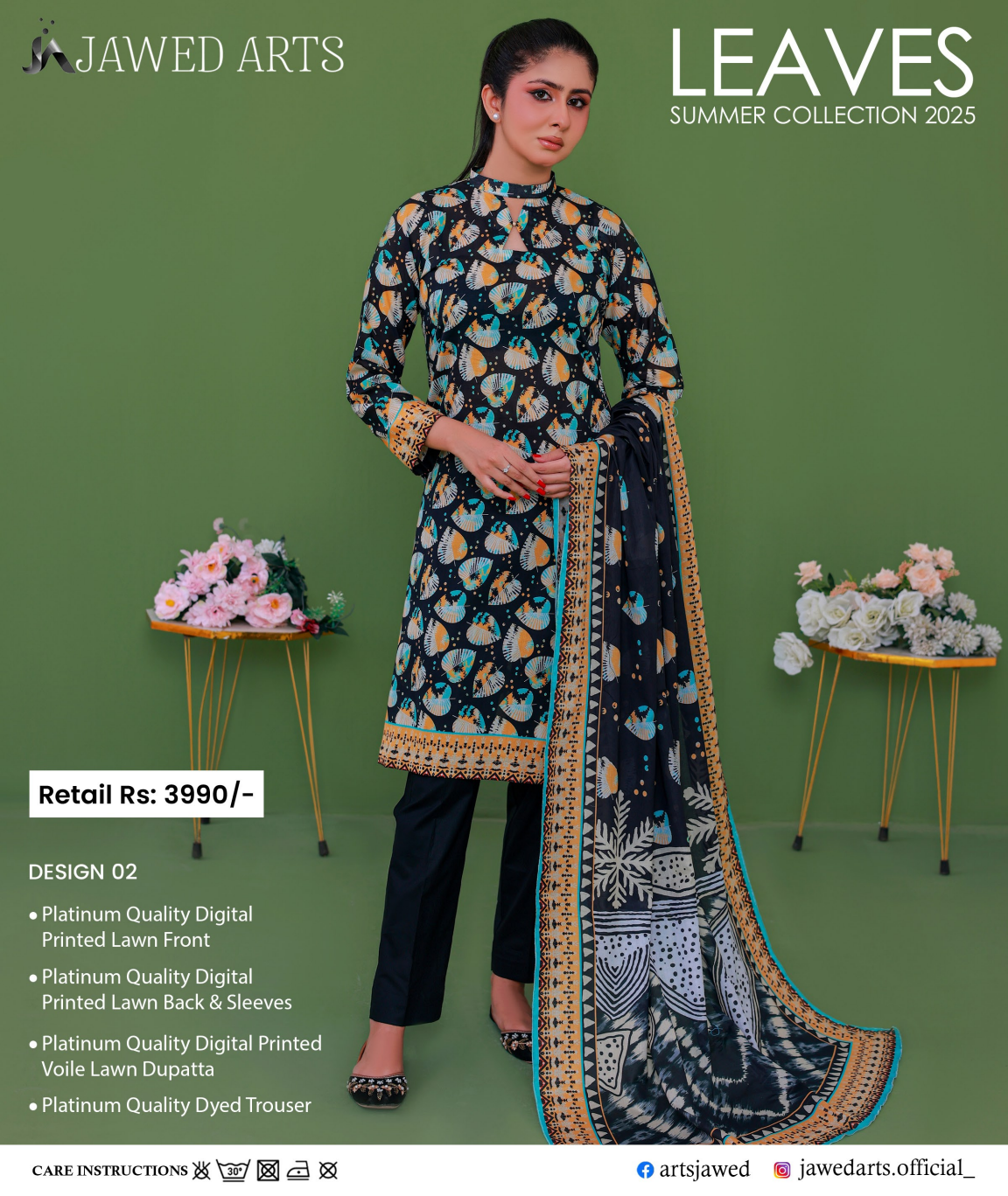 JAWED ARTS LEAVES –  3PC UNSTITCHED SUIT Design: 2