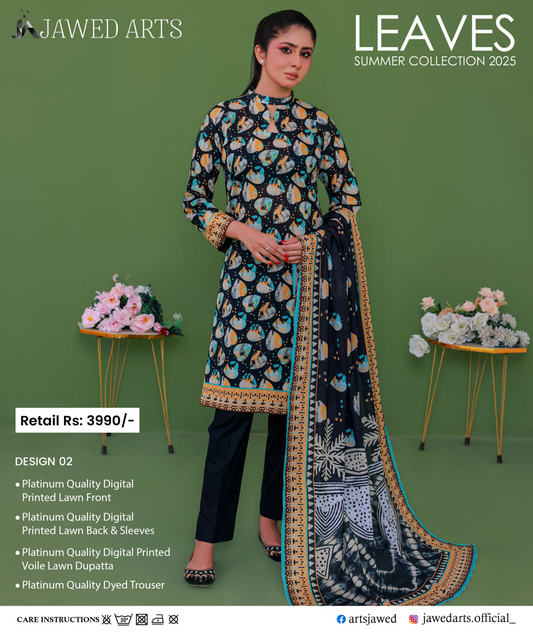 JAWED ARTS LEAVES –  3PC UNSTITCHED SUIT Design: 2