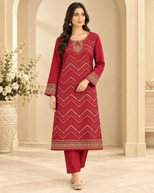 Saqafat–2Pcs Red Emb Lawn